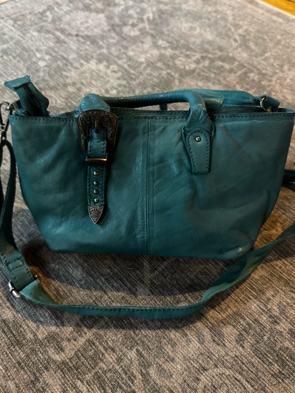 Free People Bandera Western Crossbody Bag Teal Leather Buckle Top Handle Purse